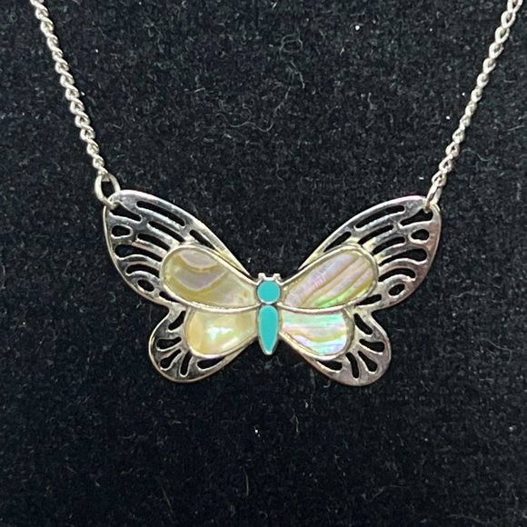 Silver Tone Curb Chain Necklace With Abalone Butterfly Pendant (4296) - Picture 2 of 7